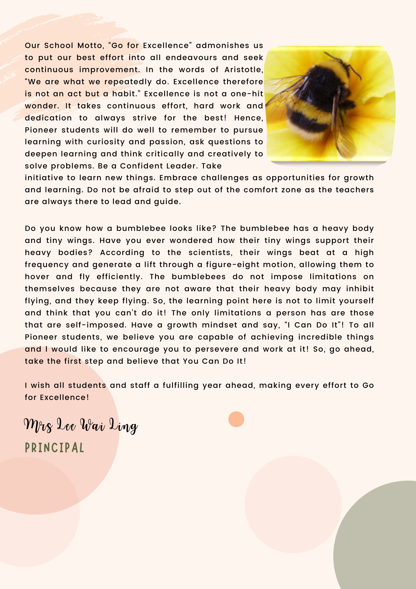 A school newsletter page with a bumblebee photo, motivational text about excellence, signed by Principal Mrs Lee Wai Ling.