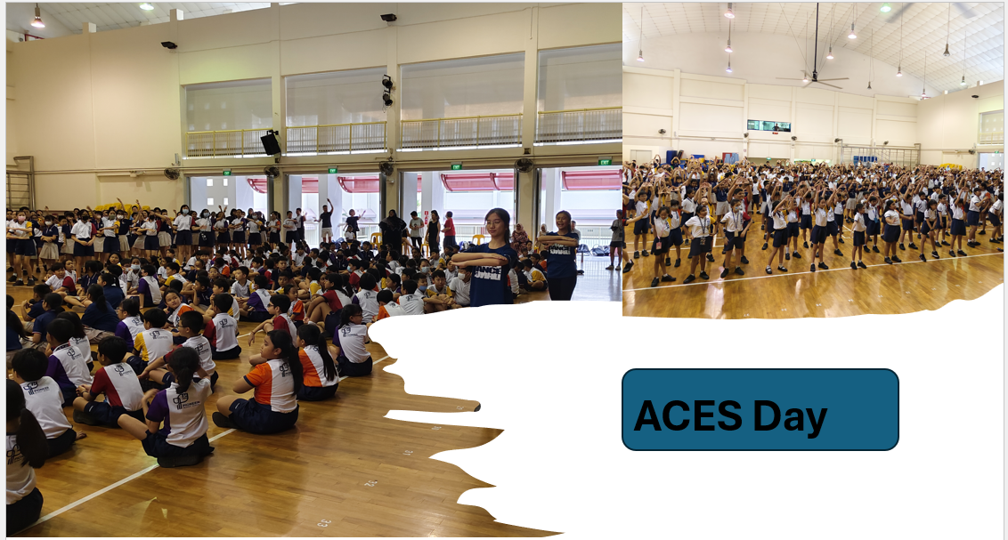 Students seated and standing in a school hall; inset shows mass exercise; text reads ACES Day.