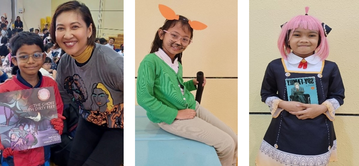 Three photos of students dressed as book characters: a boy in a superhero costume holding the book "The Ghost with Dirty Feet" alongside an adult; a girl dressed as a cat with ears, whiskers and a tail; and a girl in a pink wig and dark pinafore costume holding a "Spy x Family" book.