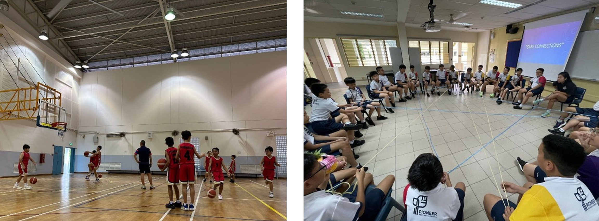Left: teens practice basketball in a gym; right: students sit in a circle holding strings in a classroom.