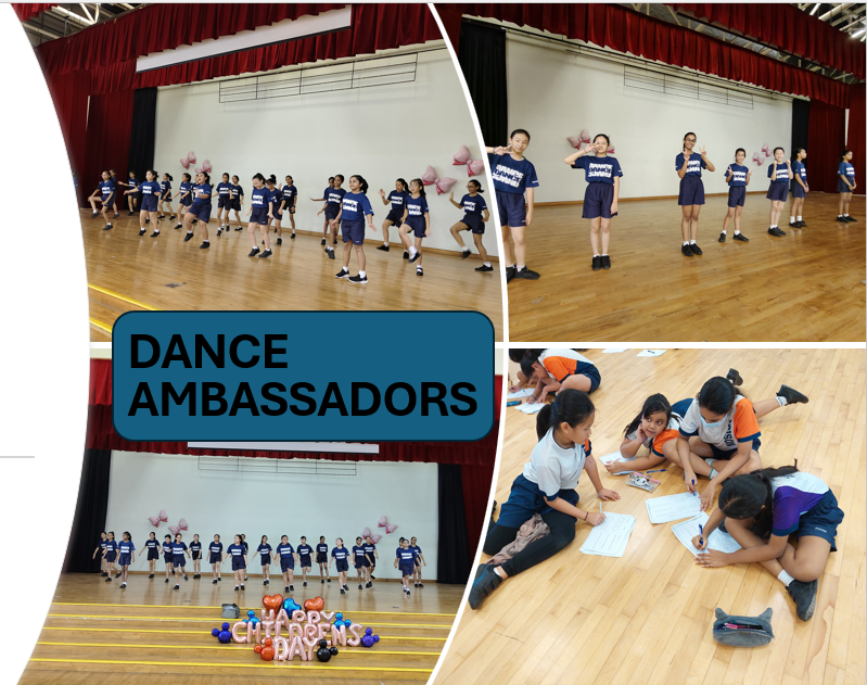 Collage of students dancing onstage and working on papers on a gym floor, with text DANCE AMBASSADORS.