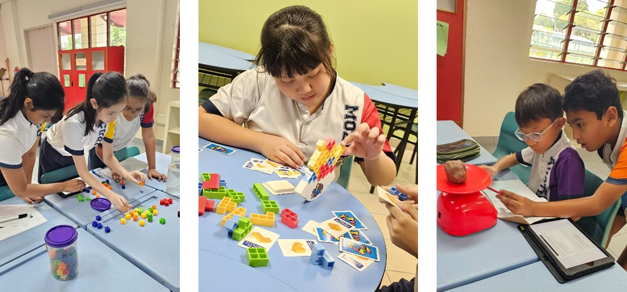 Three photos of students doing hands-on maths activities: sorting coloured counting blocks, building 3D shapes from puzzle pieces matched to cards, and weighing an object on a scale with a tablet nearby.