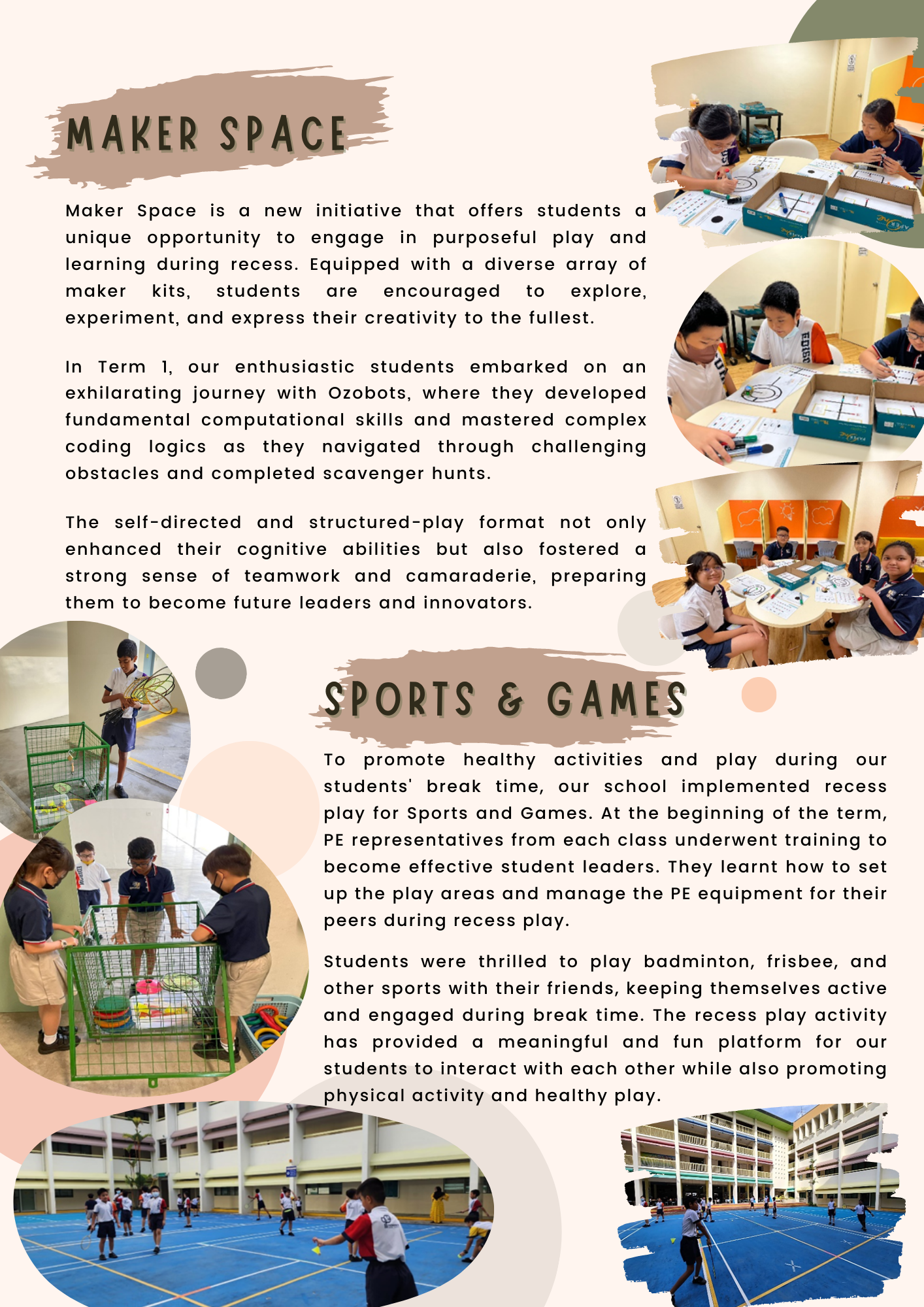 School newsletter page describing Maker Space and Sports and Games programs, with photos of students doing activities.