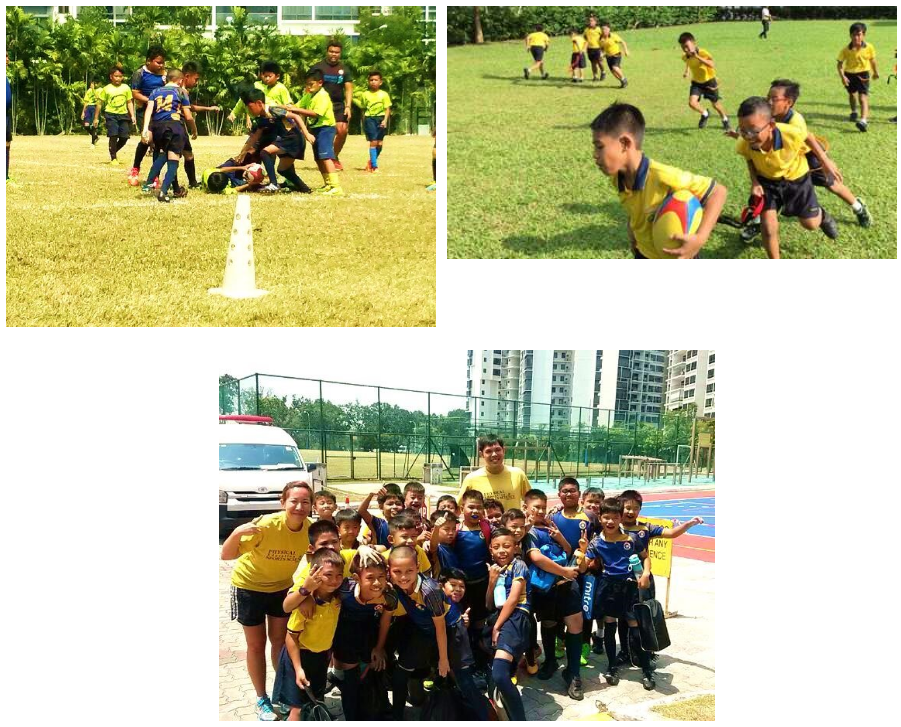 Three photos of young children in yellow and blue uniforms playing football and posing together outdoors.