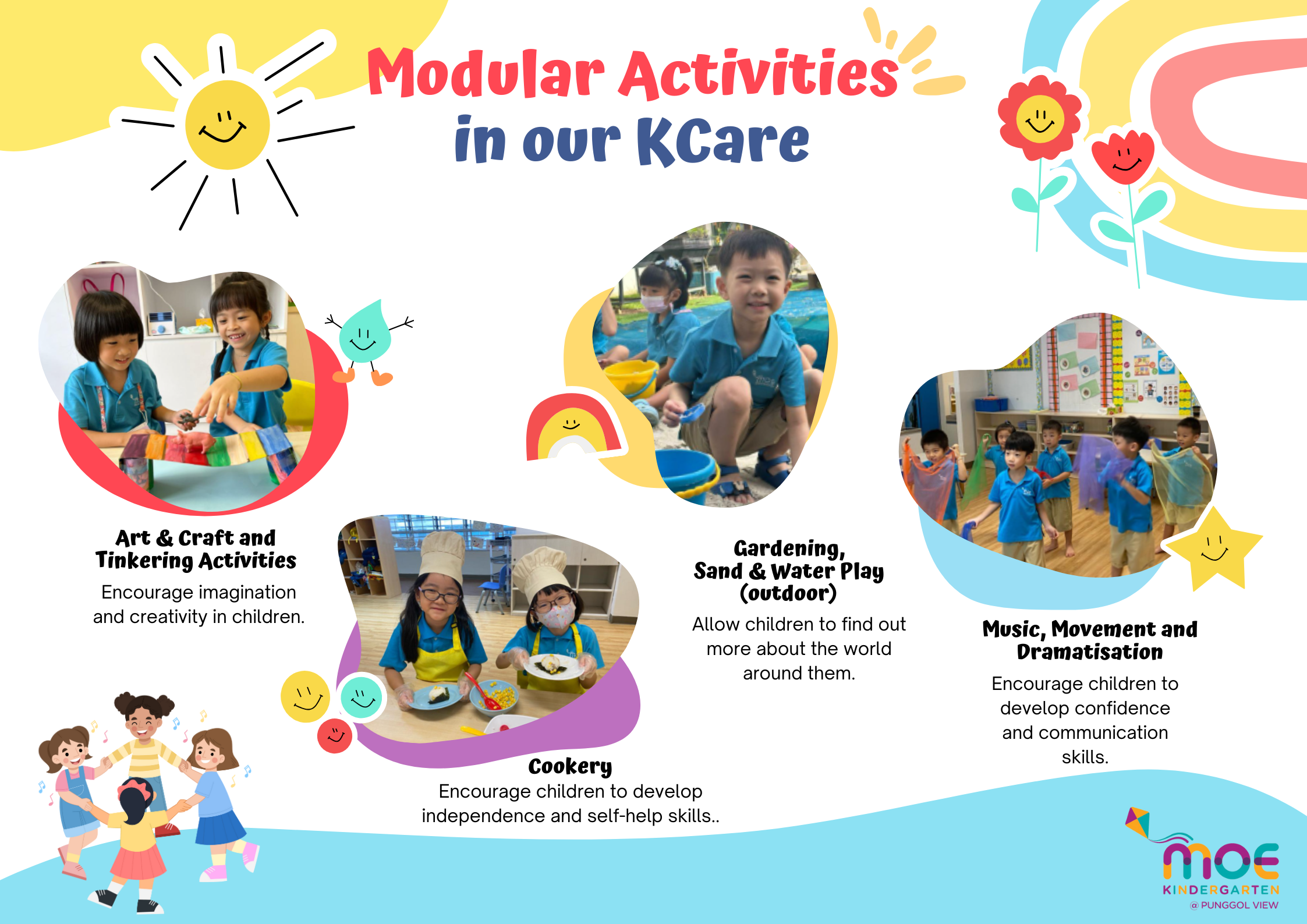 Colorful flyer showing MOE Kindergarten KCare modular activities including art, cookery, outdoor play, and music with child photos.