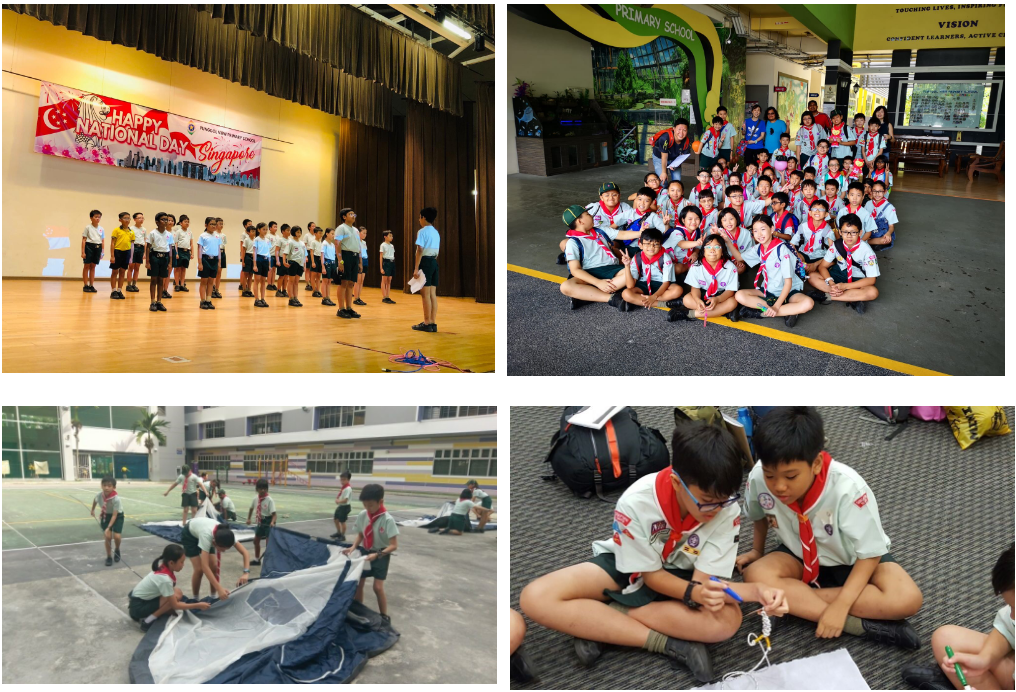 Four scenes of Singapore school children: assembly, scout group photo, tent setup outdoors, and boys doing rope work.