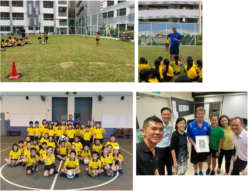 Four scenes of a school soccer program: children in yellow uniforms on a field, a coach instructing, a group photo, and adults posing indoors.