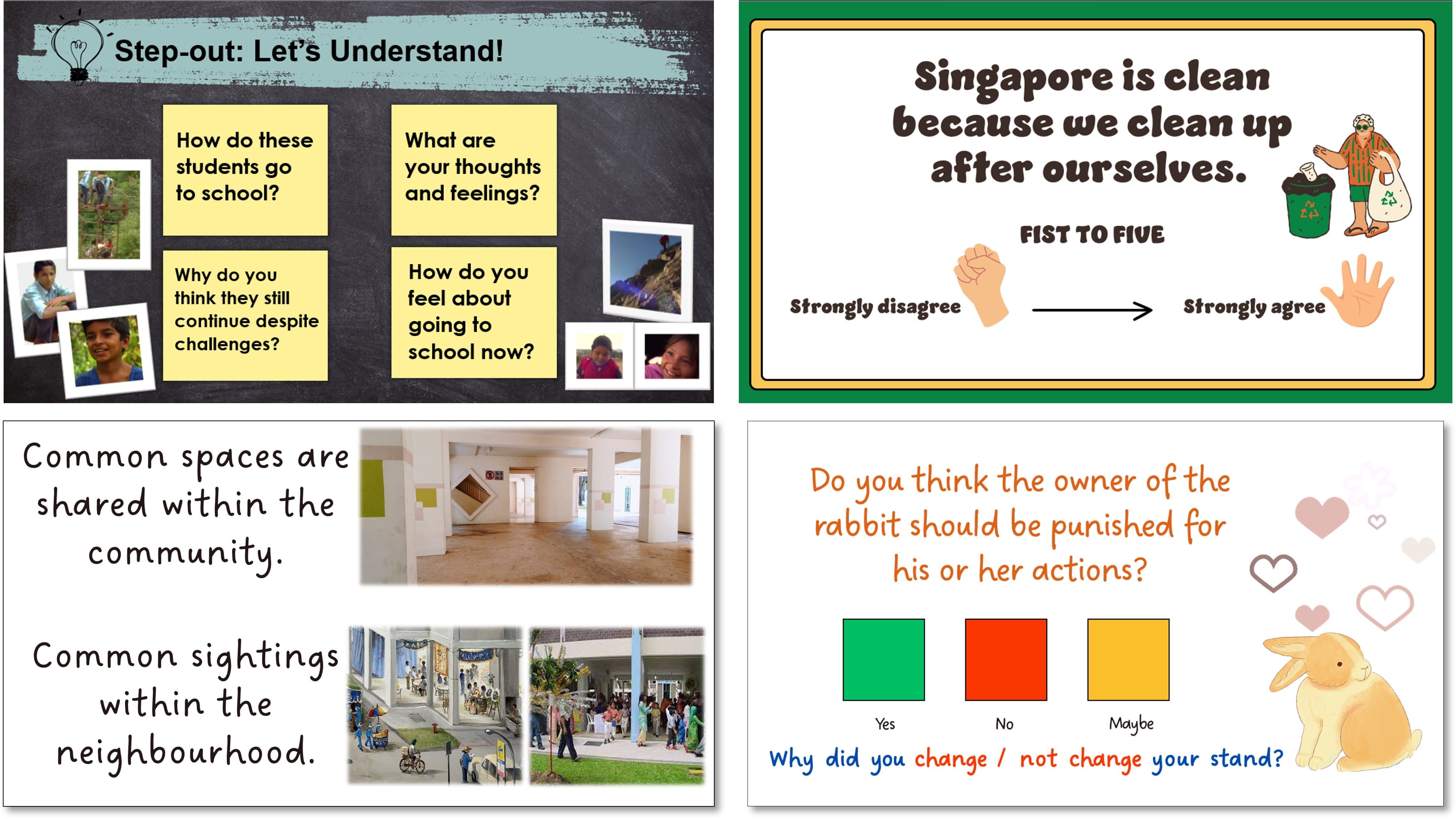Four educational slides about community values, cleanliness, shared spaces, and a rabbit owner responsibility discussion activity.
