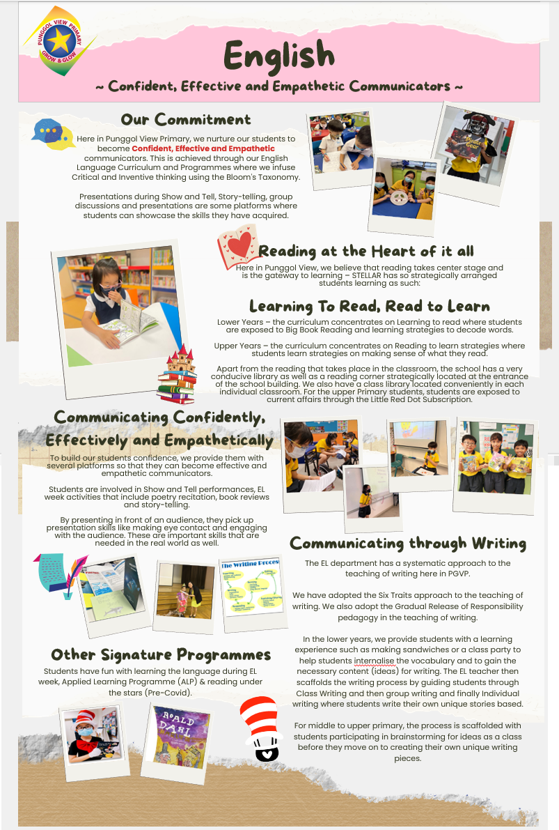 Punggol View Primary School English department flyer showing curriculum details and student activity photos.