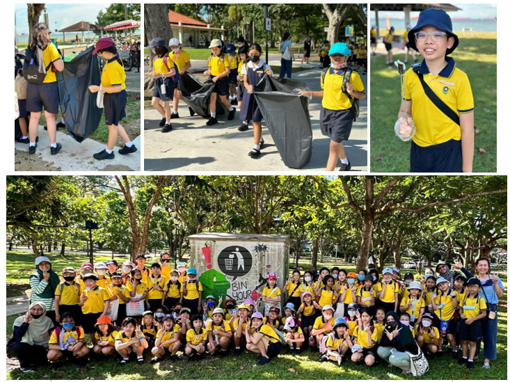 Students in yellow uniforms collect trash with black bags in a park, then pose as a group near a bin sign.
