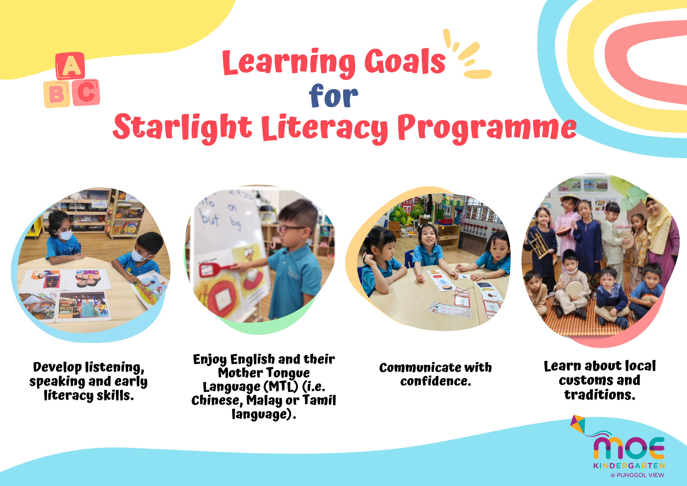 Colorful flyer showing Learning Goals for Starlight Literacy Programme with four circular photos of young children in classroom activities.