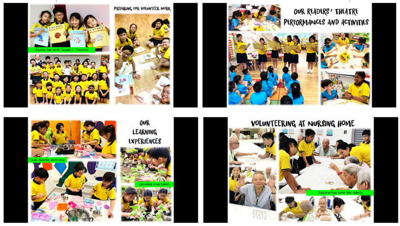 Collage of school children in yellow uniforms doing volunteer work, readers theatre, learning activities, and nursing home visits.