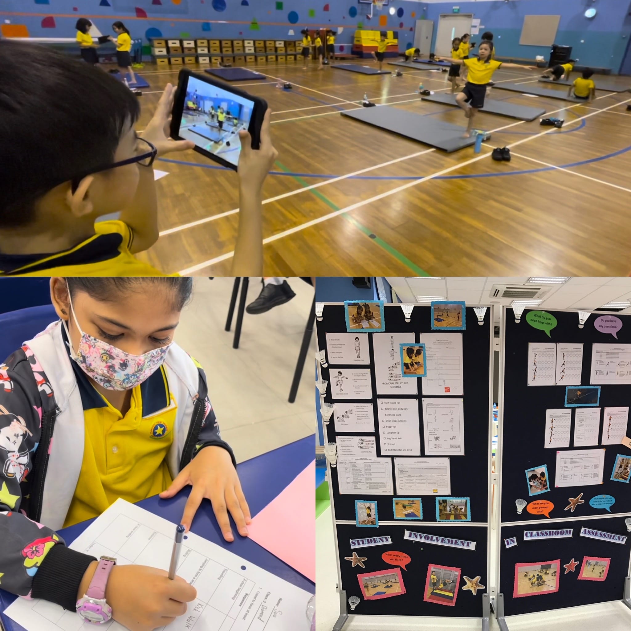 Three school scenes: student filming gym class on tablet, masked girl writing, and a student involvement assessment display board.