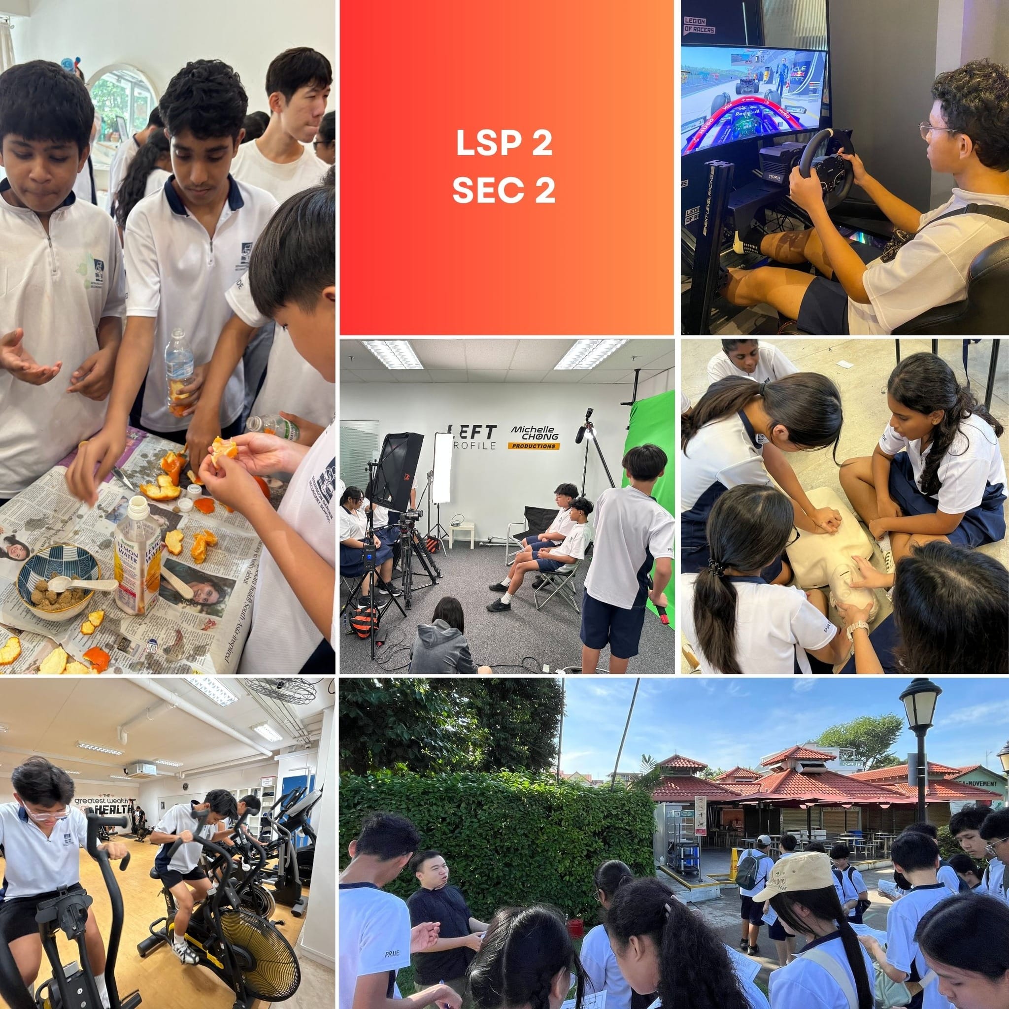 Students in white uniforms participate in various LSP 2 Sec 2 activities including cooking, racing simulators, filming, and cycling.