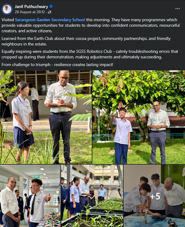 Facebook post by Janil Puthucheary showing his visit to Serangoon Garden Secondary School with students outdoors and indoors.
