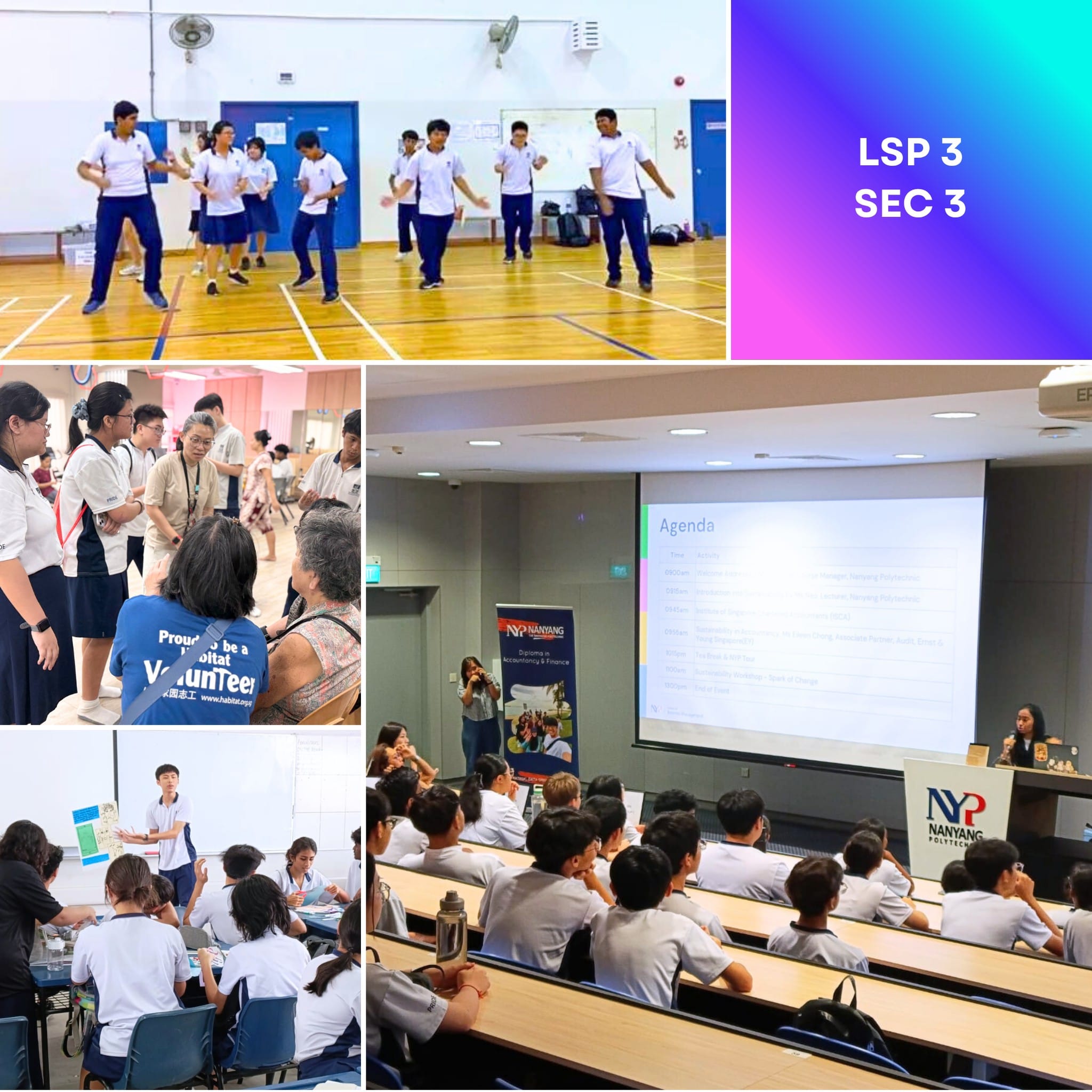 Four scenes of Secondary 3 students doing activities: gym exercise, volunteering, group work, and a Nanyang Polytechnic lecture.