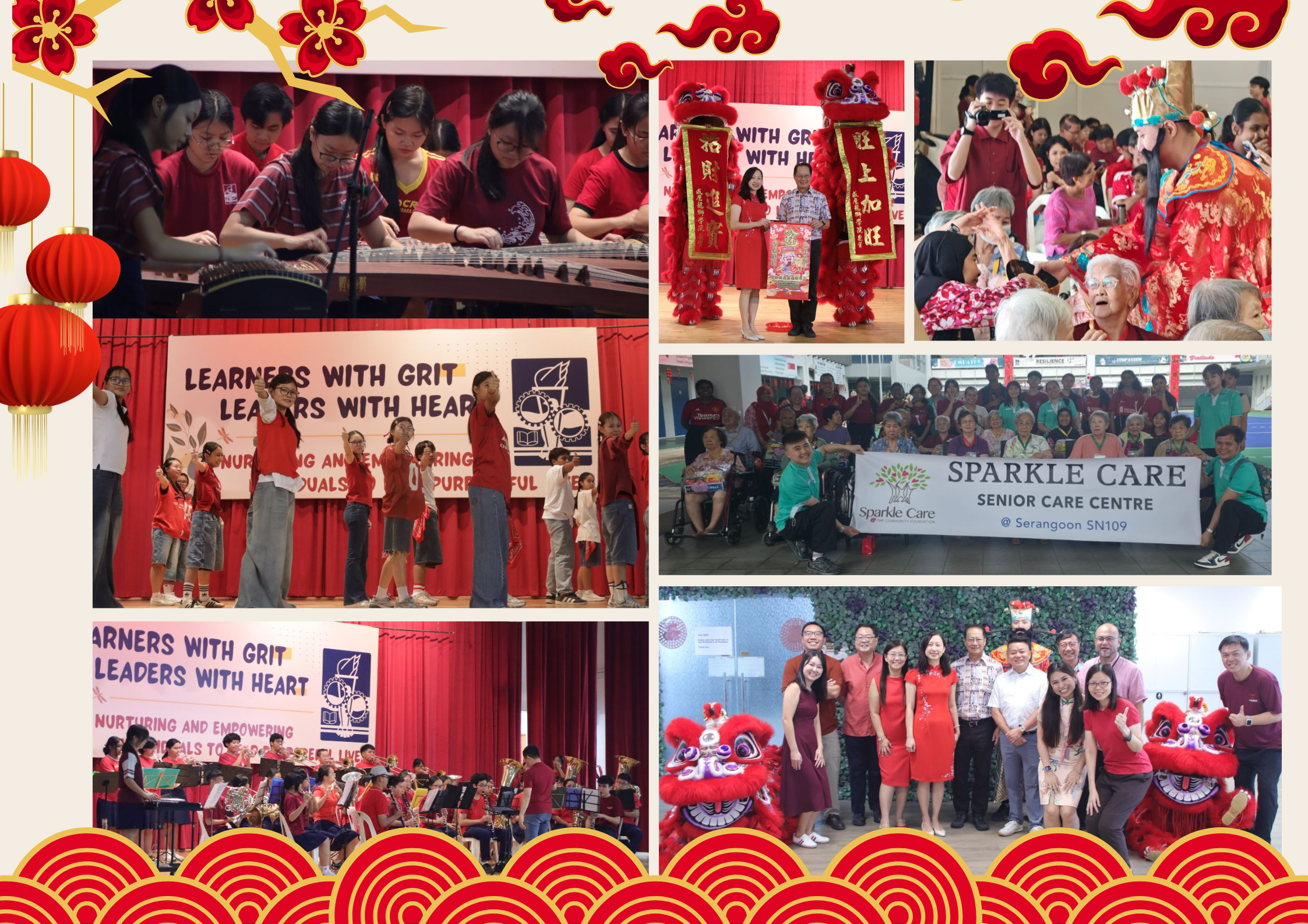 Collage of Chinese New Year event: students perform, lion dance, seniors visited, group photo with banner.