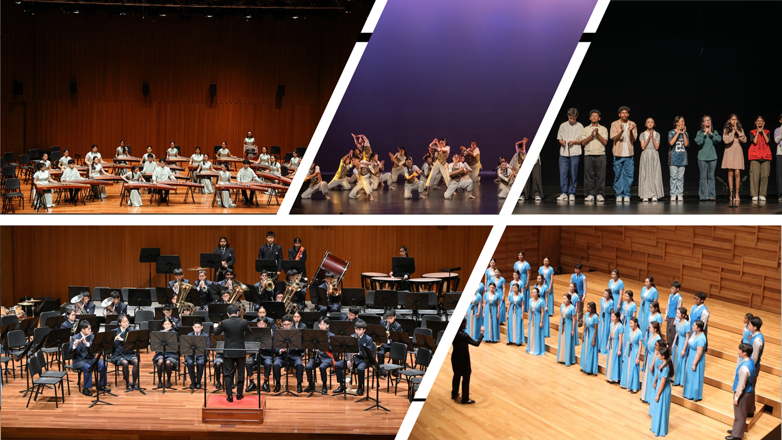 Five student performance scenes on stage: guzheng ensemble, dance group, choir in blue, band, and standing performers.