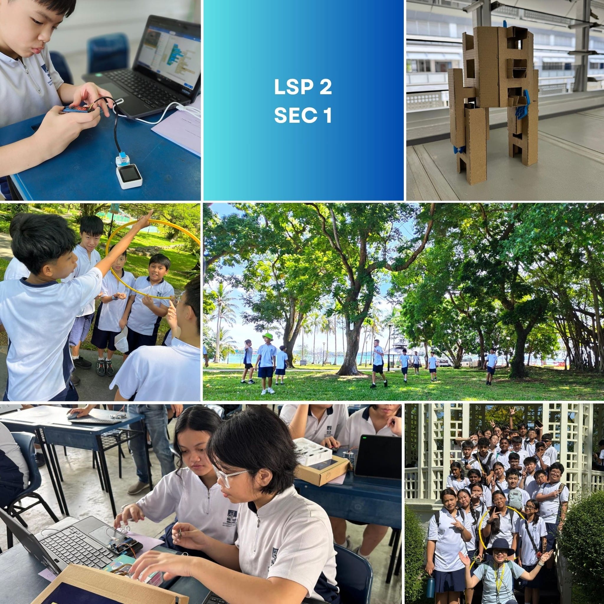 Collage of secondary school students in uniforms doing hands-on STEM activities, outdoor games, and posing as a group.
