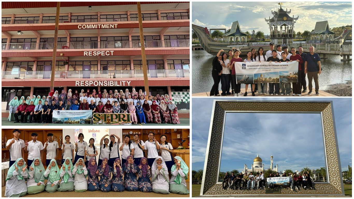 Four photos of Serangoon Garden Secondary School students on a cultural trip to Brunei, posing at landmarks and schools.