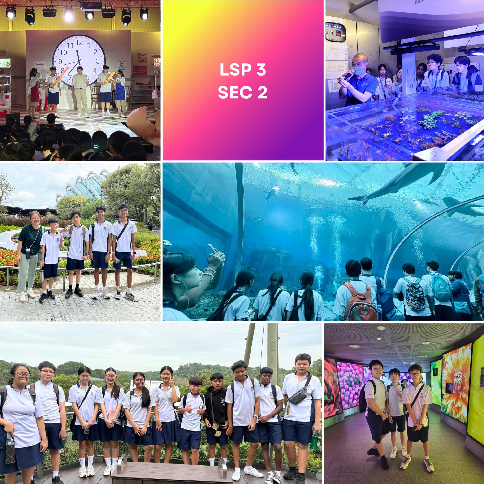 Collage of secondary school students on an LSP 3 Sec 2 trip visiting an aquarium, gardens, and exhibits.
