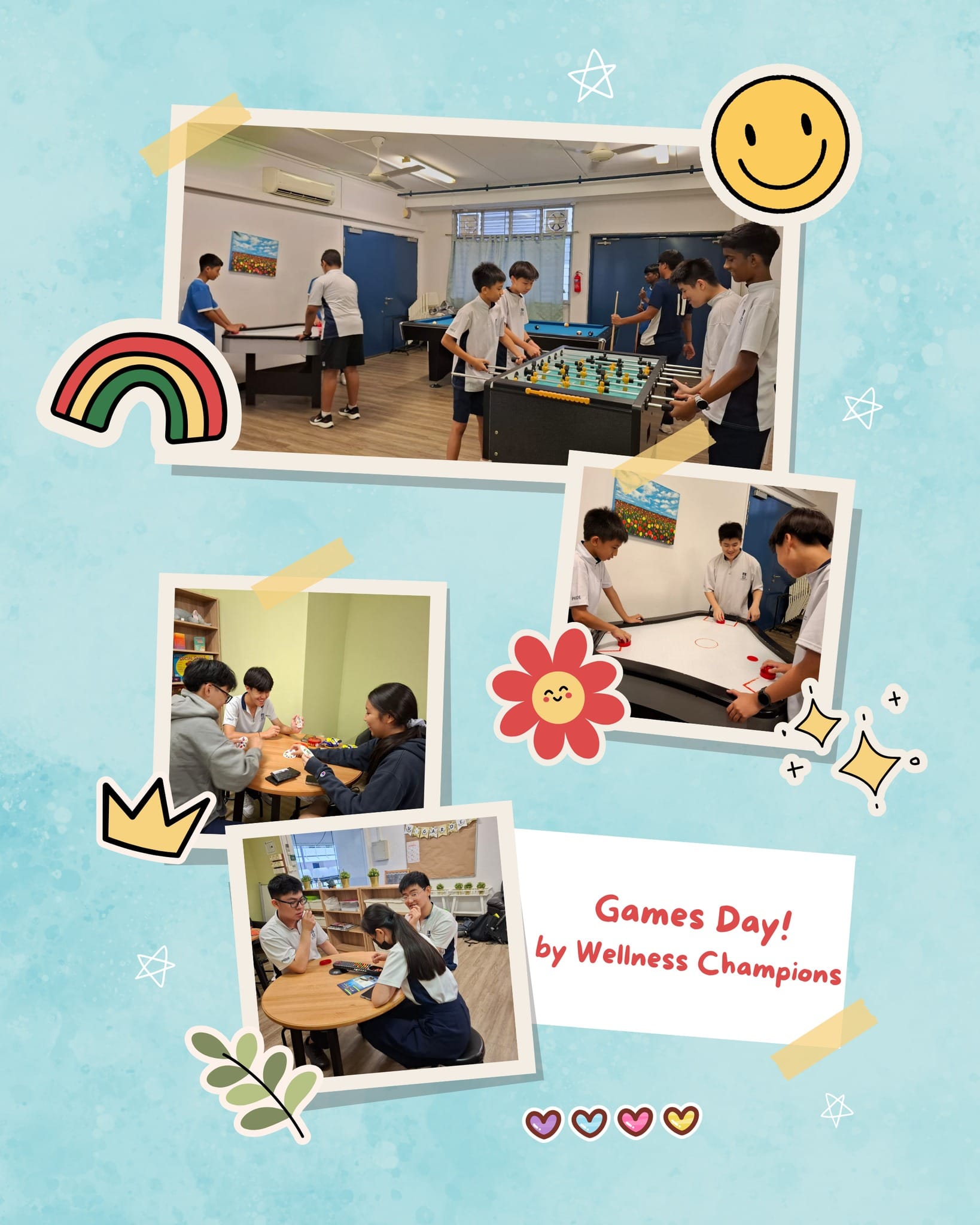 Students playing foosball, air hockey, and board games at a Wellness Champions Games Day event.