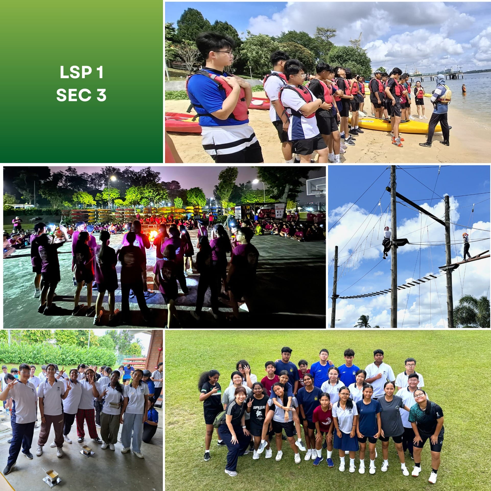 Students in LSP 1 Sec 3 doing outdoor activities: kayaking on a beach, a high ropes course, night gathering, and group photos.