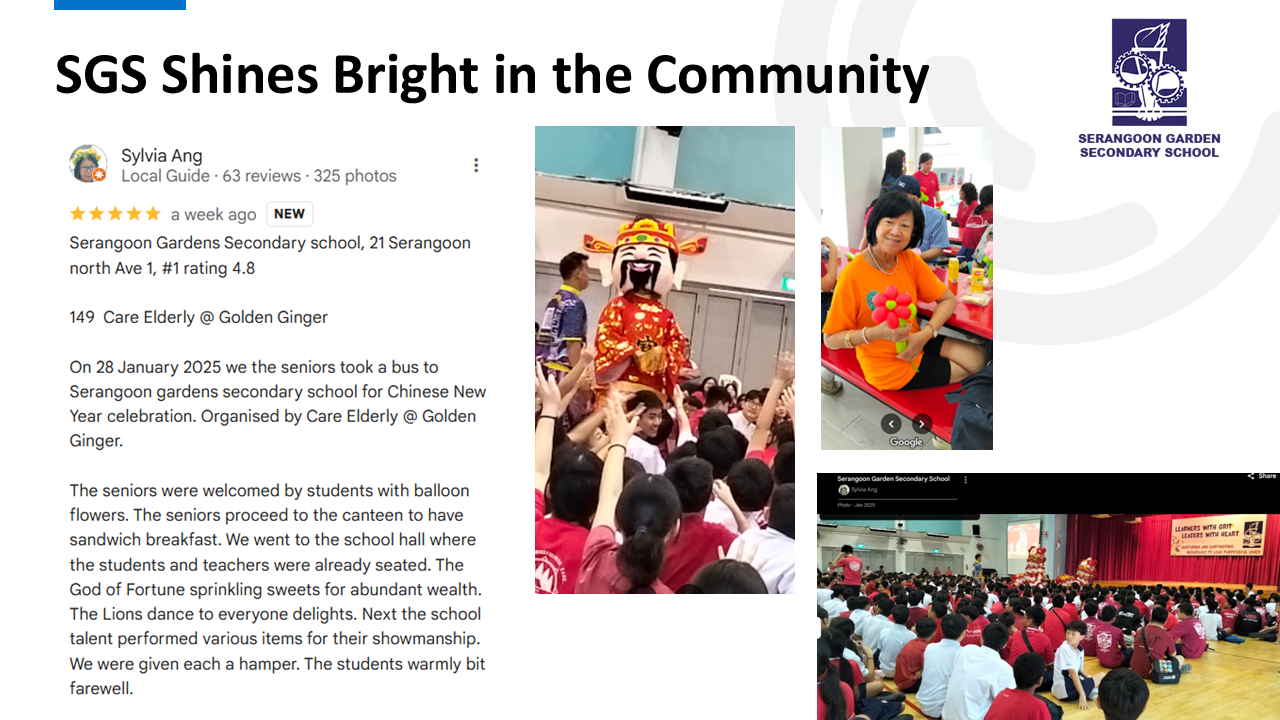 Slide titled SGS Shines Bright in the Community showing a 5-star Google review with Chinese New Year celebration photos.
