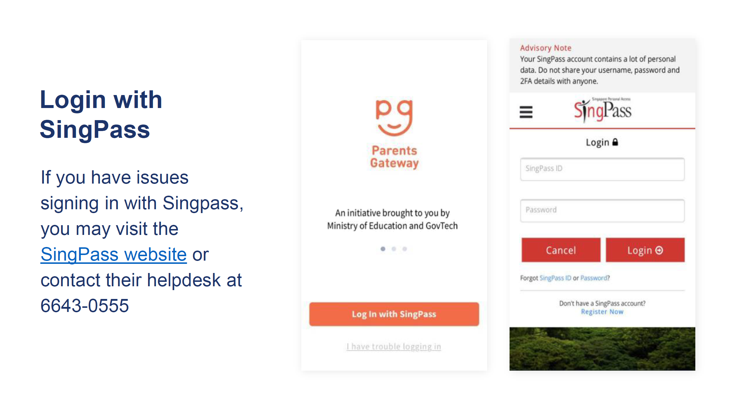 Parents Gateway app login screen alongside SingPass login form with ID and password fields.