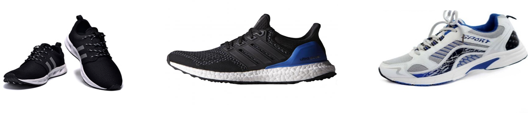Three pairs of athletic sneakers: two black pairs and one white and blue pair on a white background.