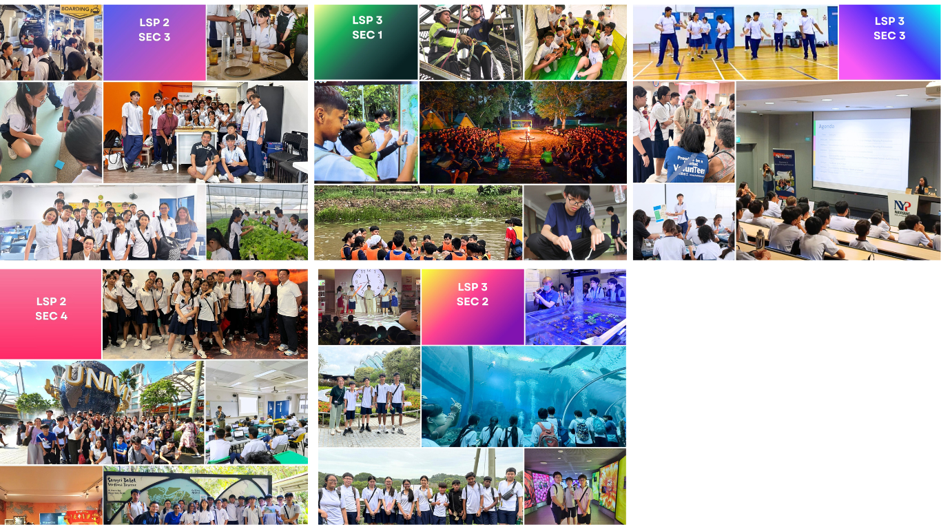 A collage of school students in various LSP activities including field trips, camps, and classroom sessions.