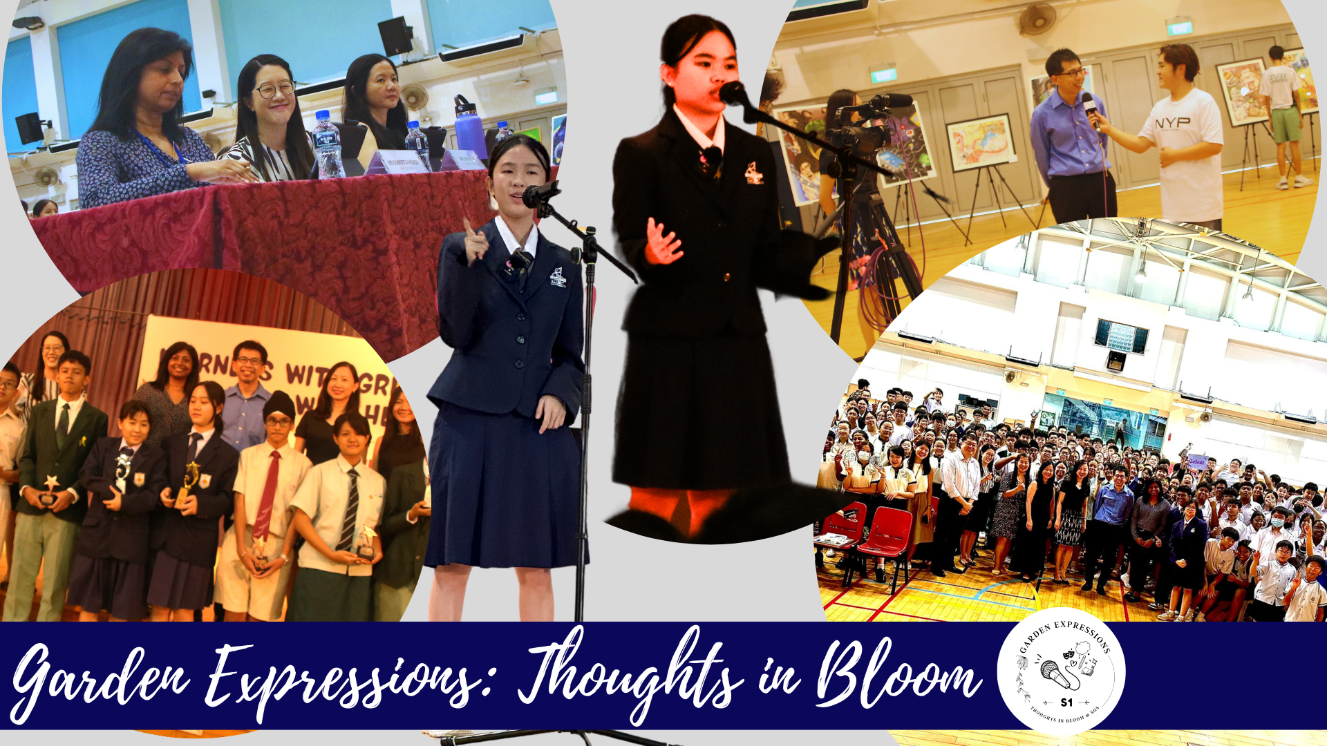 Collage of school event scenes with students speaking, group photos, and judges, titled Garden Expressions: Thoughts in Bloom.