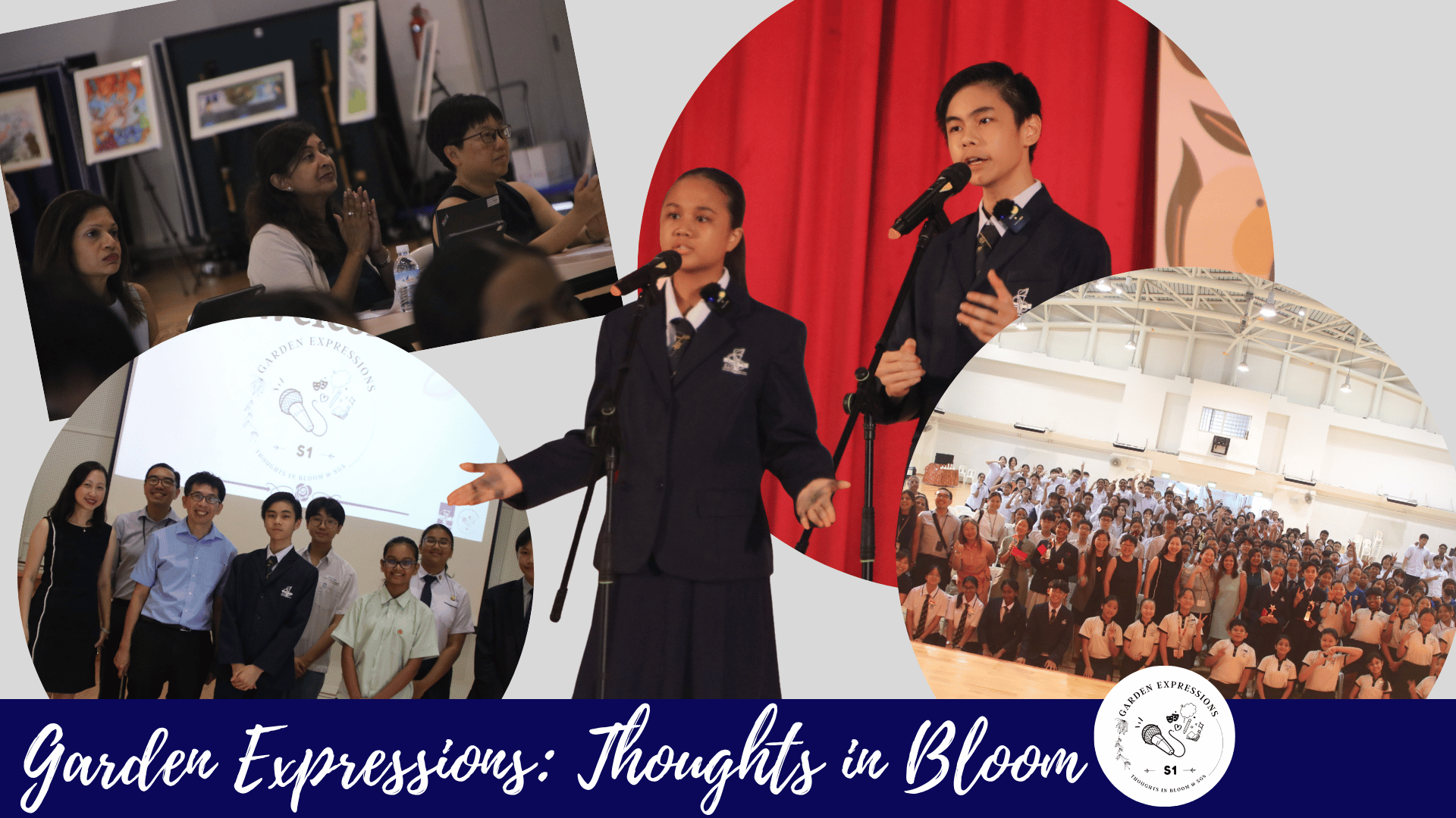 Collage of school event showing uniformed students speaking at microphones, a group photo, audience, and text reading Garden Expressions.