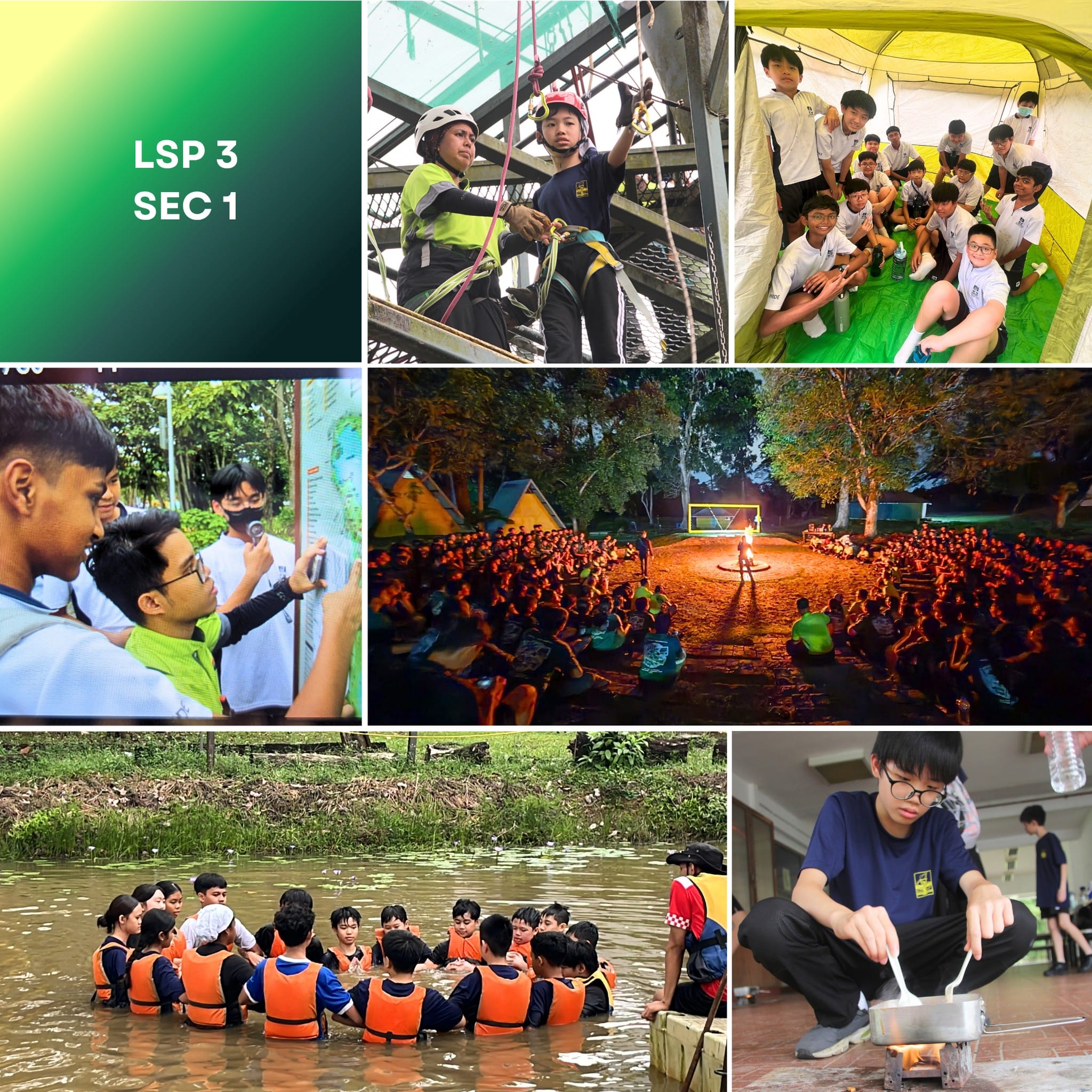 Collage of students doing outdoor camp activities: abseiling, map reading, campfire, water activity, cooking, and tent gathering.