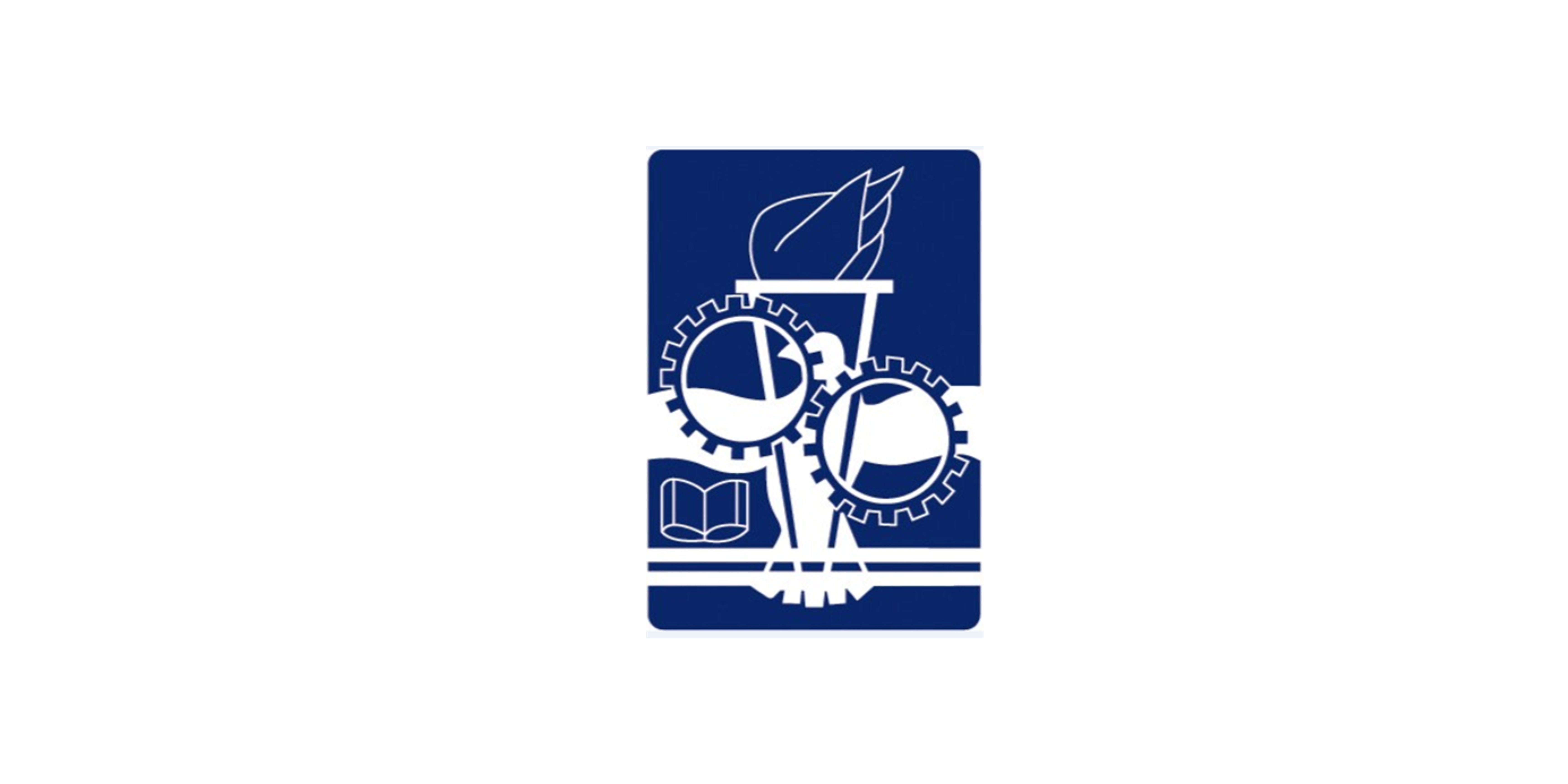 Blue rectangular emblem with white illustrations of interlocking gears, a torch with flame, and an open book.