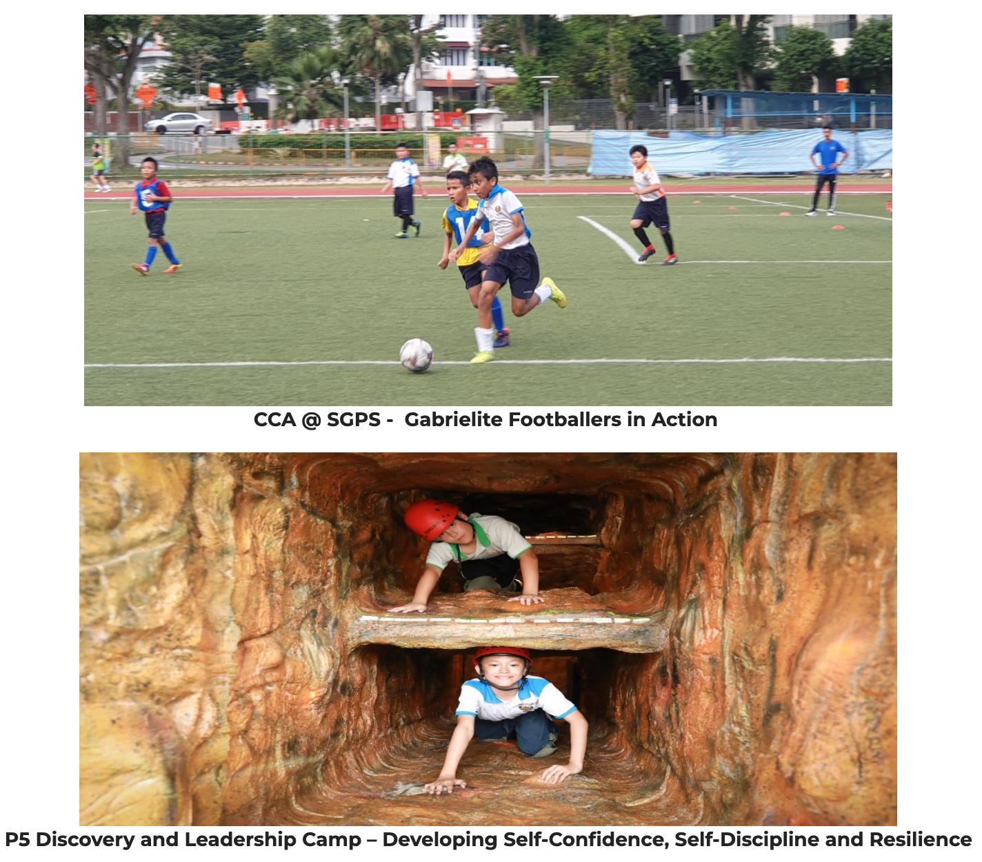 Two school activity scenes: boys playing football on a field, and two children in red helmets crawling through a rock tunnel.