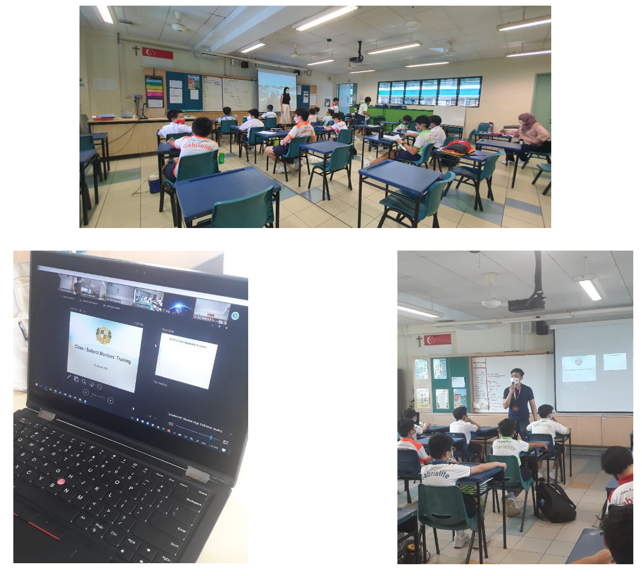 Students in school uniforms sit at spaced desks in a classroom while a teacher presents, with a laptop showing an online training session.