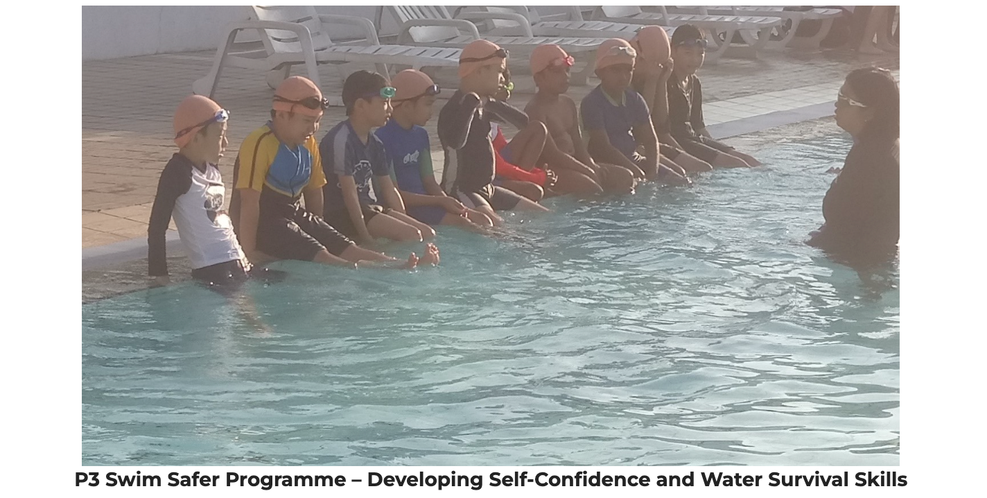 Children in swim caps and goggles sit along a pool edge with feet in water, facing an instructor in the pool.
