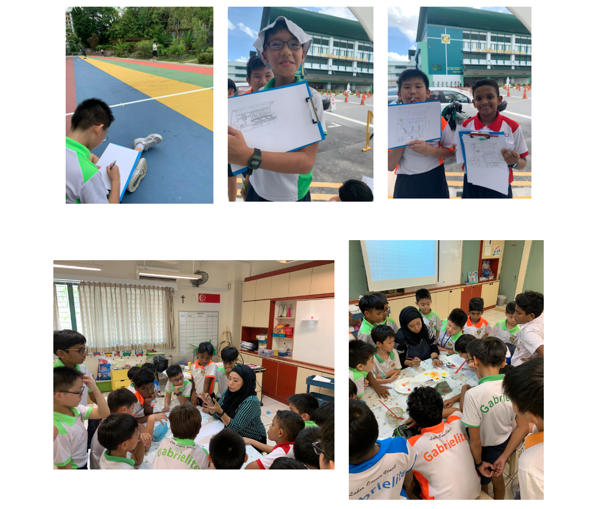 Five photos of school children in green uniforms sketching outdoors and doing art activities with a teacher indoors.