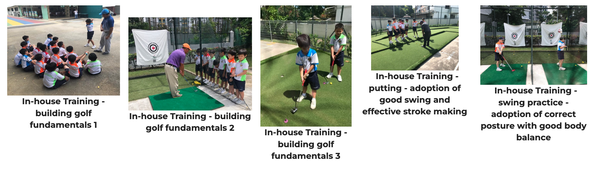 Five photos showing children in school uniforms learning golf fundamentals with coaches outdoors.