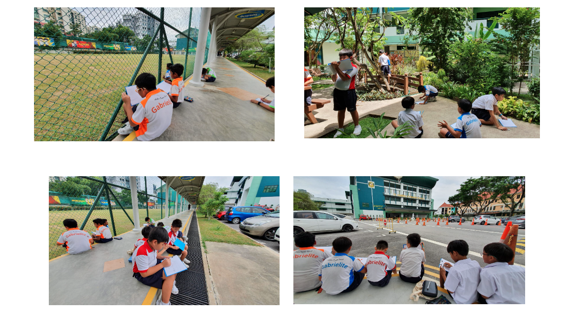 Students in white and orange uniforms sit outdoors near school grounds, writing on clipboards in various outdoor settings.