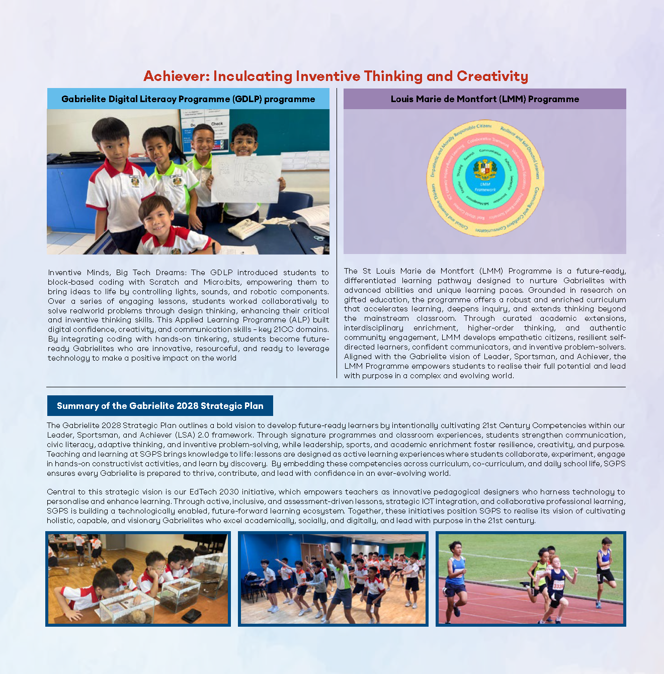 School newsletter page showing student programs, a circular framework diagram, and photos of students learning and racing.