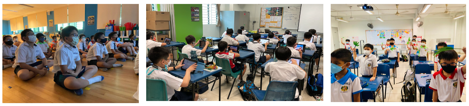 Three classroom scenes showing masked students sitting on a floor, using tablets at desks, and raising hands.