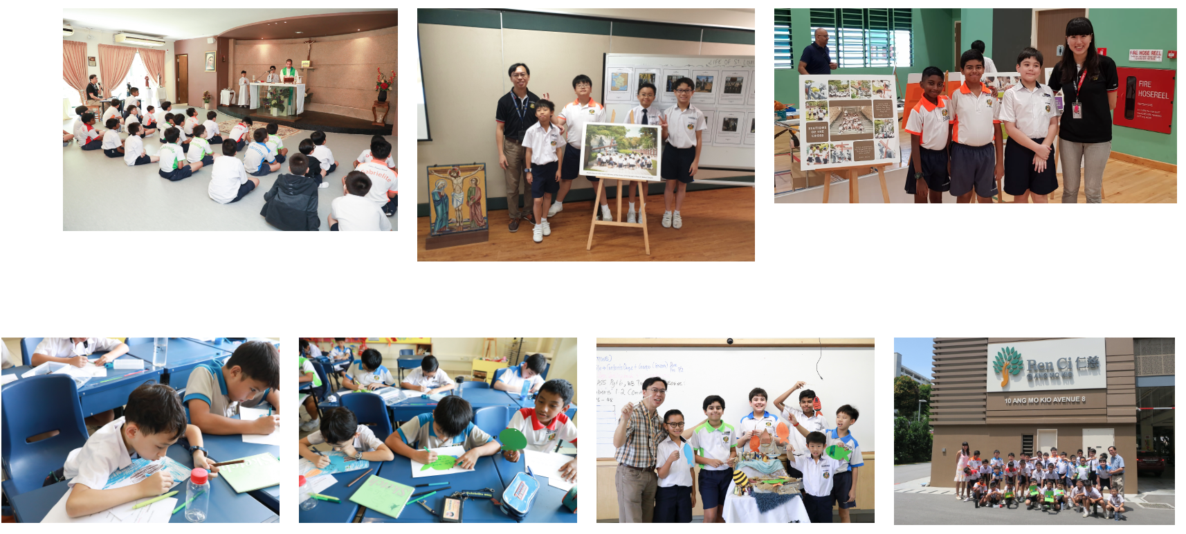 Seven photos of uniformed school boys in various activities including a chapel service, project displays, classroom work, and a field trip.
