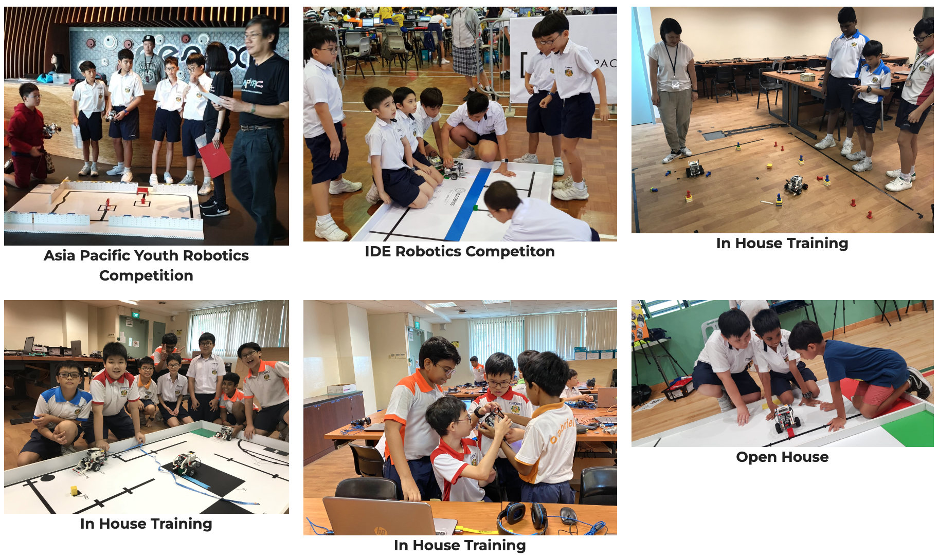 Six photos of young students building and testing robots at competitions and training sessions.