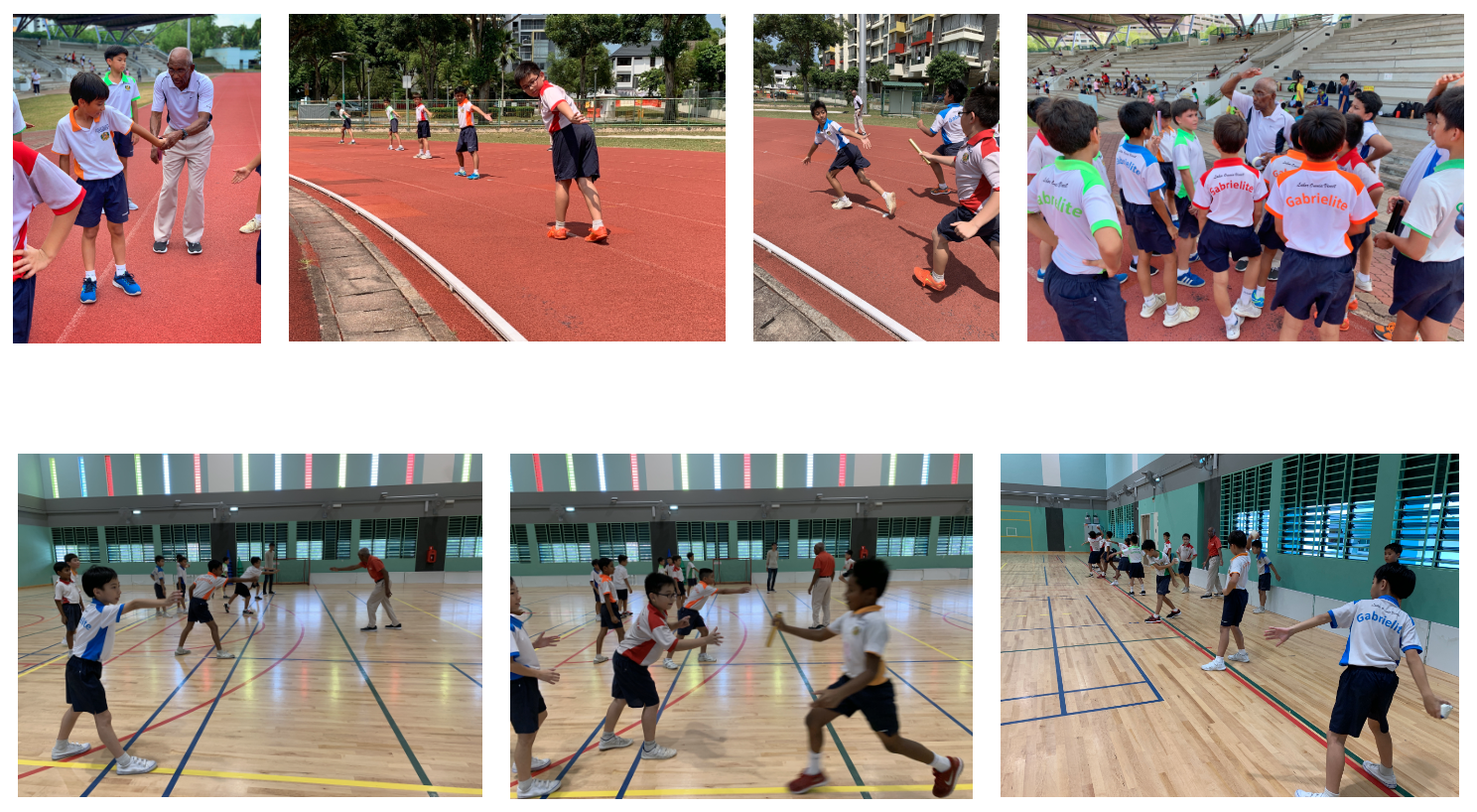 Seven photos show young students in school uniforms training on a red track and indoors on a wooden sports court.