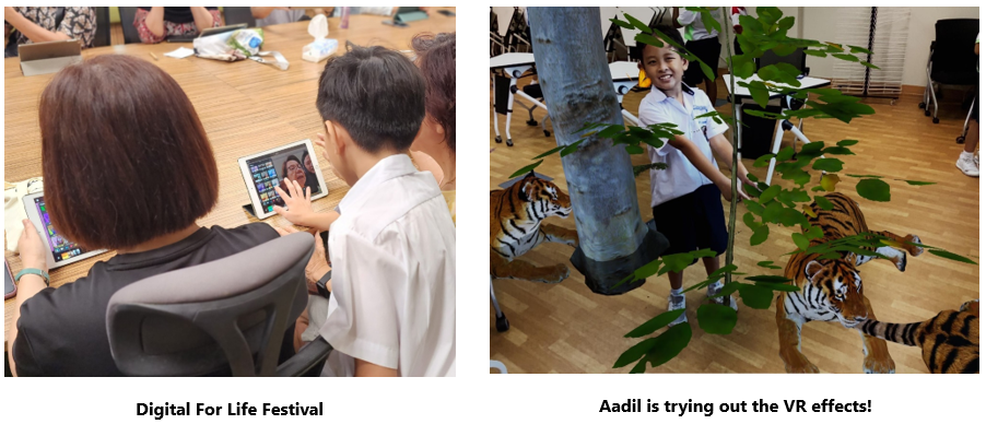 Two photos: students using a tablet at Digital For Life Festival, and a child smiling amid VR tiger and jungle effects.
