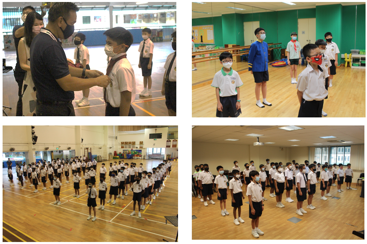 Four scenes of masked school boys in uniforms standing in formation indoors, with an adult pinning a badge on one student.