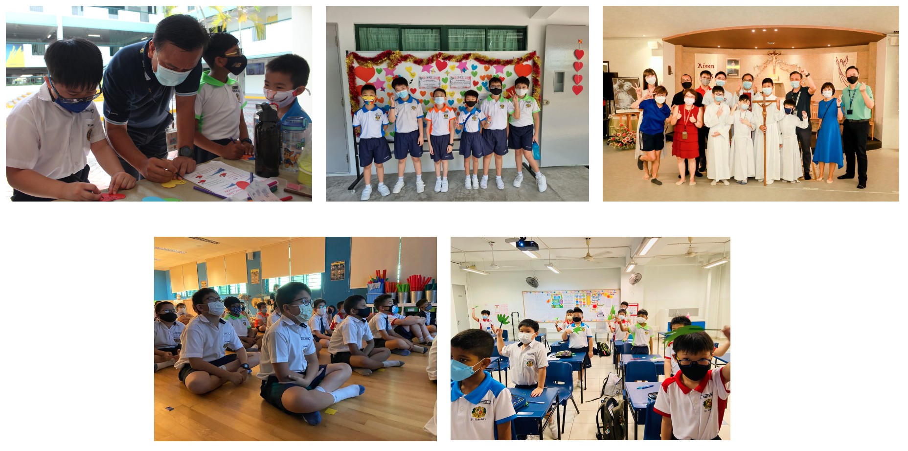 Five photos of masked schoolchildren in uniforms during various activities including crafts, group photos, and classroom lessons.