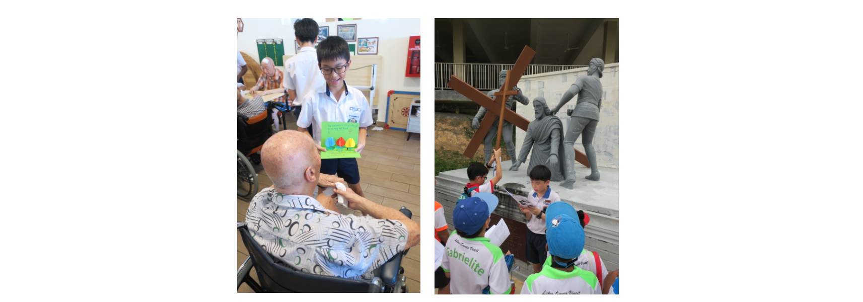 A boy shows a book to an elderly person in a wheelchair; children view a stone cross-carrying statue outdoors.